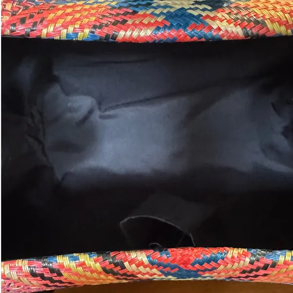 Le‎ Sac Woven Straw Top Handle Handbag Colorful Woven Design Black Accents Gold - Image 3