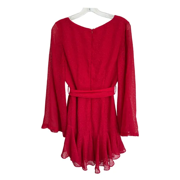 Selfie Leslie Red Clip Dot Bell Sleeve Ruffle Wrap Mini Dress M 6 - Image 9
