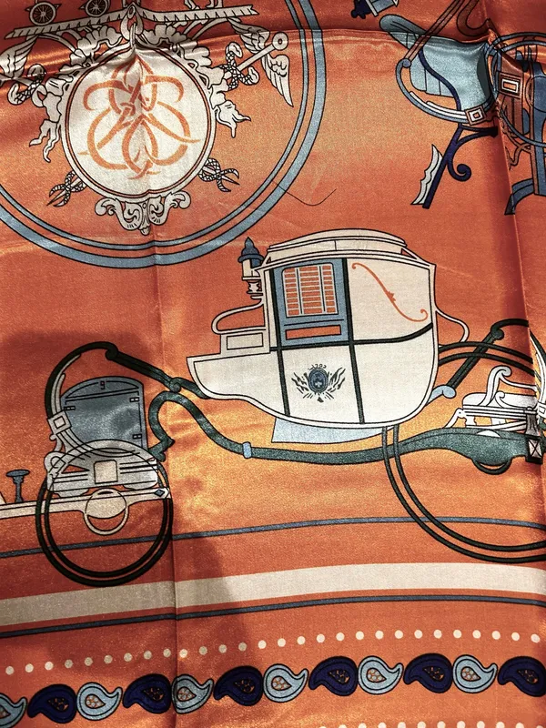 Vintage Equestrian HORSE&CARRIAGE print orange/blue oversized silky Scarf 35/35 - Image 3
