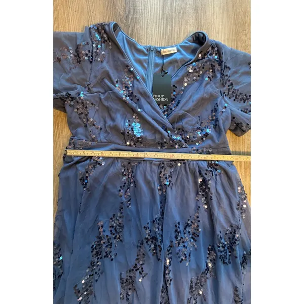 Pinup Fashion Blue Sequin Mesh Maxi Dress Plus Size 18W Flutter Sleeve V-Neck - Image 6