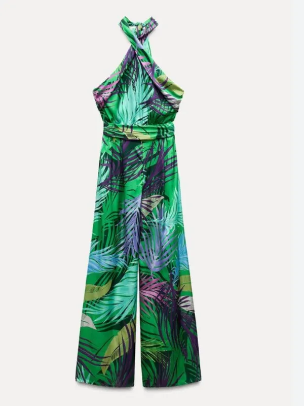 ZARA NWOT Tropical Leaf-print Halter Wide-leg Jumpsuit Green XS - Image 7