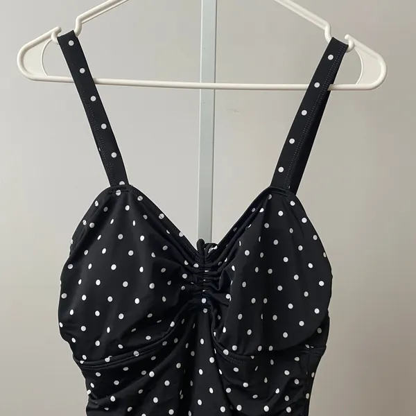 Septangle‎ Retro L Black Polka Dot Swimdress Ruched One Piece Swimsuit VTG Style - Image 2