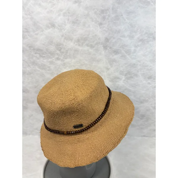 Sun N Sand Tan Woven Straw Bucket Hat UPF 50+ Wood Bead Band Adjustable - Image 4