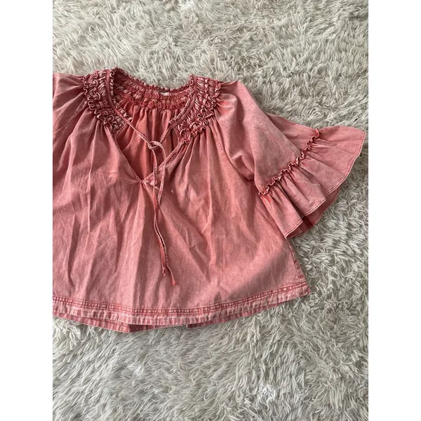 Free People‎ Pink Washed Smocked Neck Ruffle Sleeve Tie Neck Blouse Top S - Image 5