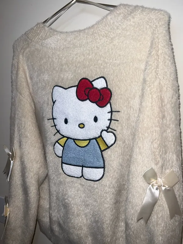 Hello‎ Kitty Bow Sleeve Fuzzy Cardigan Cream Sanrio S/M NWT - Image 10