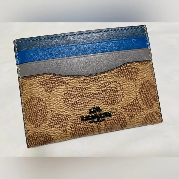 NWOT Coach Canvas Leather Card Case Wallet with signature logo brown blue - Image 2