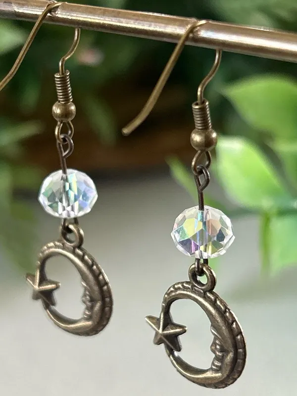 Handmade Celestial Moon & Star Dangle brass Earrings with Iridescent Crystal - Image 4