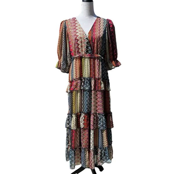 Ciebon Madelyn Puff Sleeve Tiered Maxi Dress M Pockets Boho Cottage Western - Image 4
