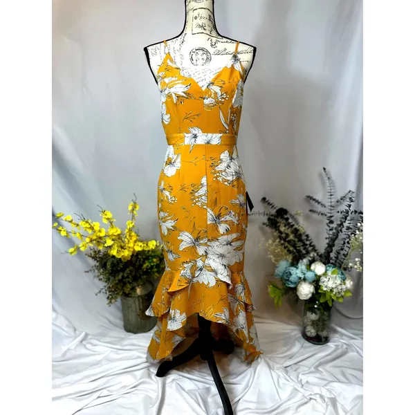 Lulu’s Darling Daylily Mustard Yellow Floral Print High-Low Maxi Dress M - Image 7
