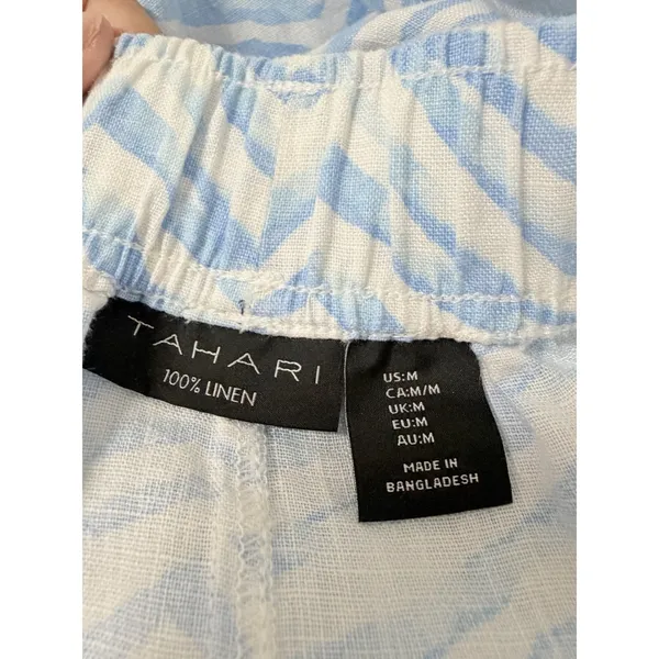 Tahari White Blue Linen Cropped Pant Pull On Wide Leg Flowy Breathable Medium - Image 4