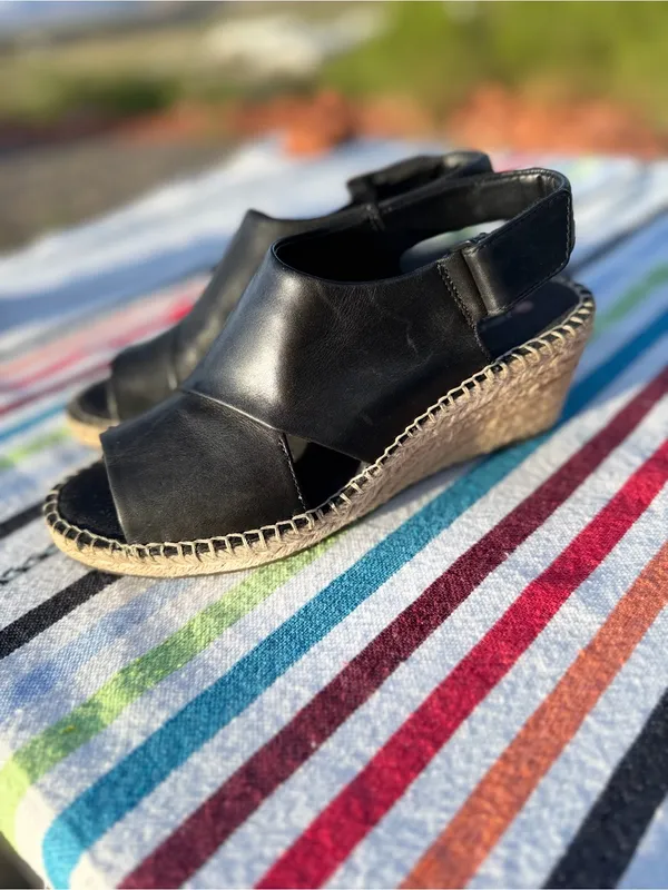Clarks Lafley Krissy Black Leather quiet luxury Espadrille Wedge Sandals 7.5 M - Image 8