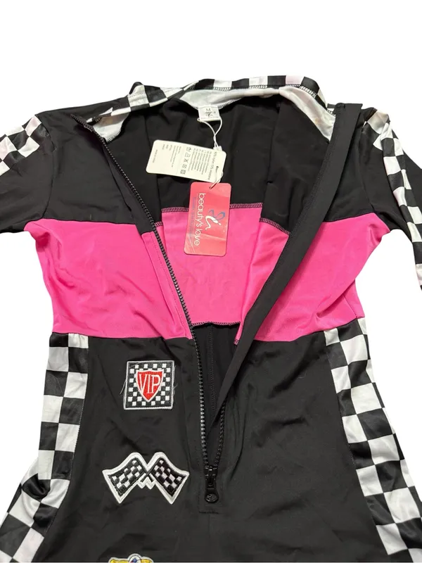 Checkerboard Racing Romper with Hot Pink Panel Black Size M - Image 5