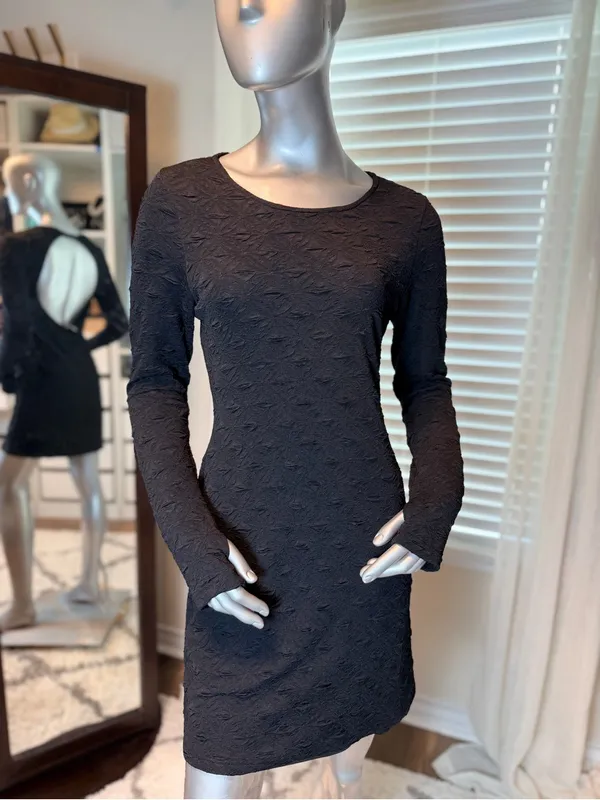 Free People Paulie Mini Dress Medium Black Textured Open Back Thumbhole Boho - Image 2