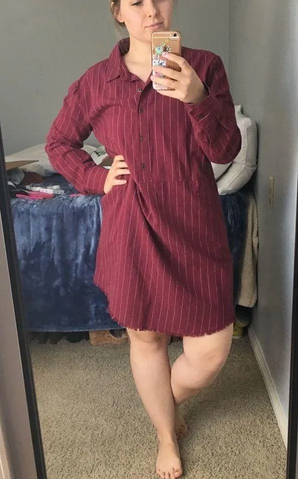 Umgee • Red Striped Long Sleeve Shirt Dress with Pockets Fringe Hem Medium - Image 5