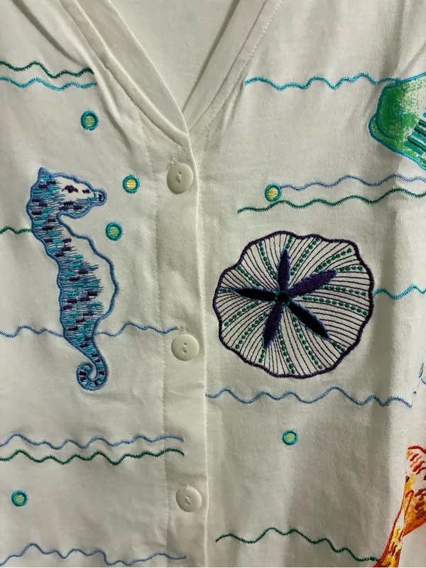 Westbound White Embroidered Sea Life Button-Front Top M - Image 4
