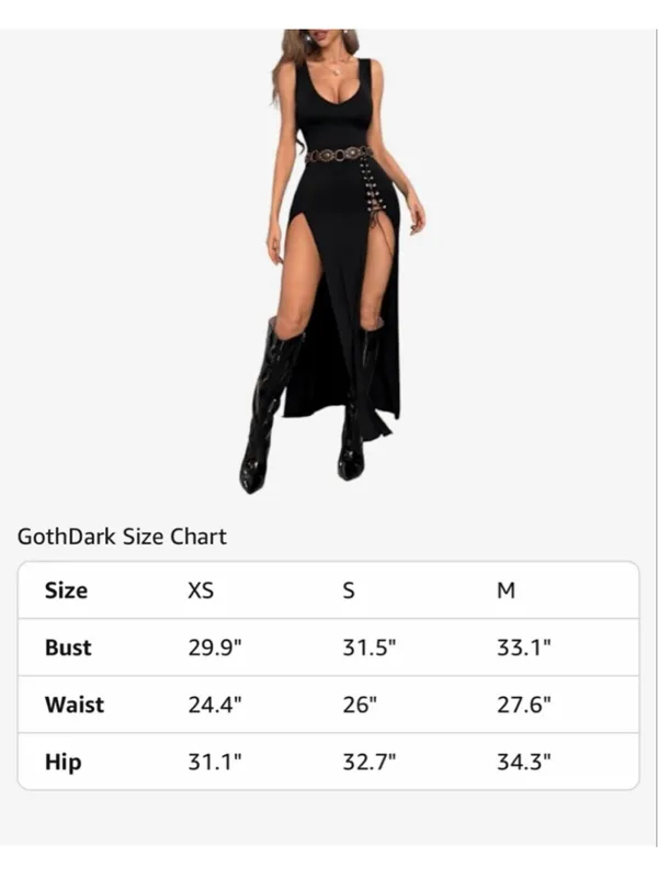 NEW GothDark Black Goth High Slit V Neck Eyelet Rope Club Maxi Dress S - Image 4