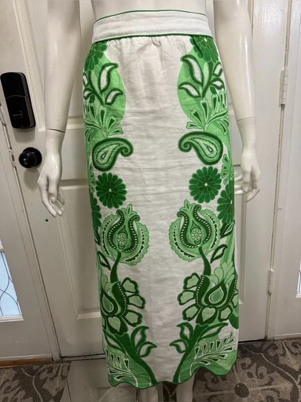 FARM RIO Women’s Midi Skirt White Green Floral Festival Linen Size Large - Image 4