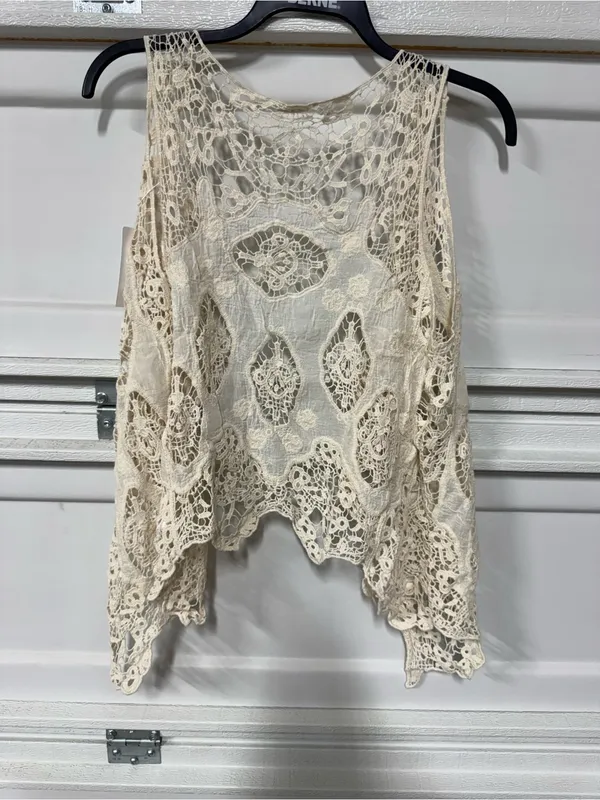 Rosa Clothing Boho Sleeveless Hollow Jacquard Lace Cardigan Beige New One Size - Image 3