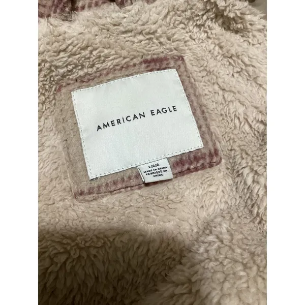 American Eagle Plaid Sherpa Lined Shacket Jacket L Burgundy Cream Button Front - Image 5