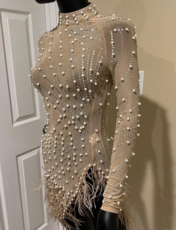 Rhinestones mini dress long sleeve pearl dress mock neck dress fringe feathers dress Sequin Dress - Image 13