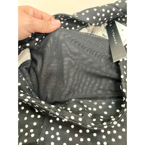T TAHARI Midi Pencil Skirt Size S Black White Polka Dot Slit Leg Tummy Control - Image 5