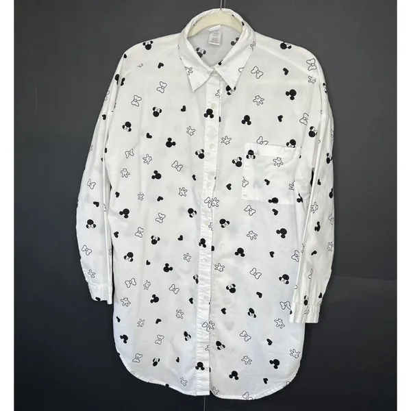 Disney Minnie Mouse Button Down‎ Long Sleeve Tunic Sleepwear White/ Black Medium - Image 2