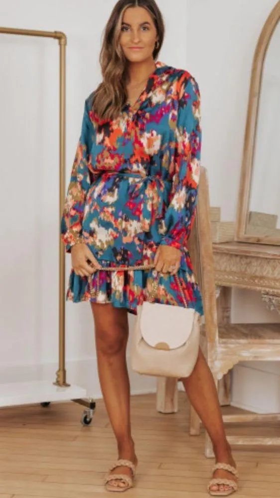 NEW Deep Turquoise Abstract Multicolor Print Belted Ruffle Satin Mini Dress - Image 5