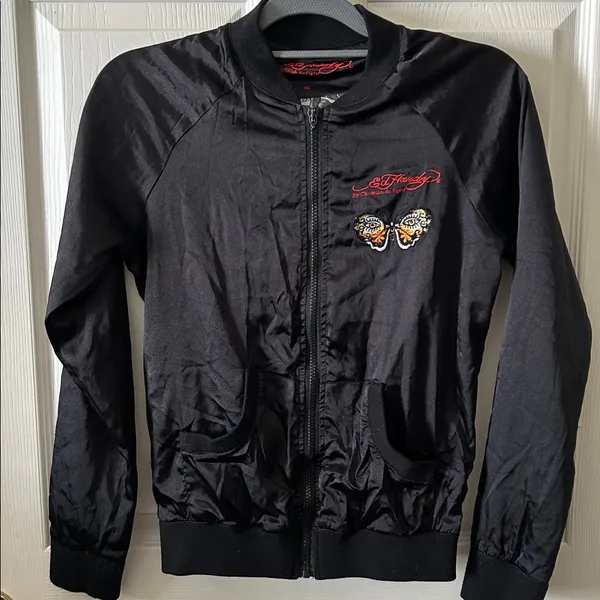 Ed Hardy Womens Bomber Jacket Black Zip Roar Embroidered Butterfly‎ Eyes Vintage - Image 16