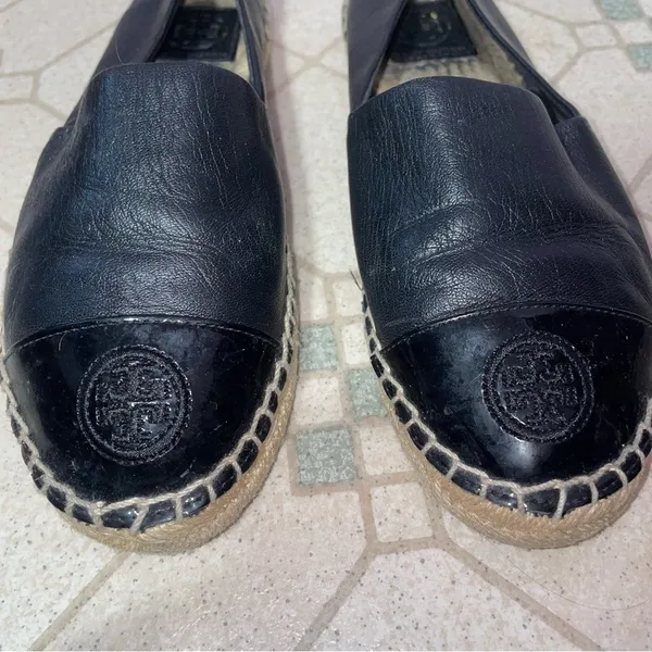 Tory Burch Black Leather Logo Cap Toe Espadrille Flats Women Size 6.5 ColorBlock - Image 4