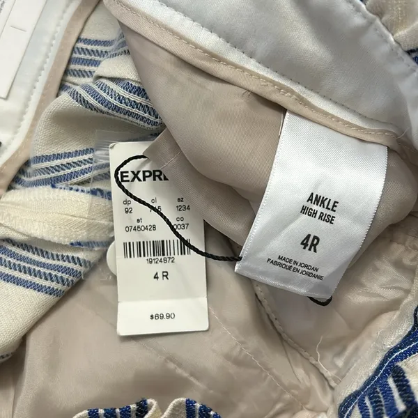 NWT Express High Rise Paperbag Ankle Pants Cream Blue Stripe Size 4 - Image 8