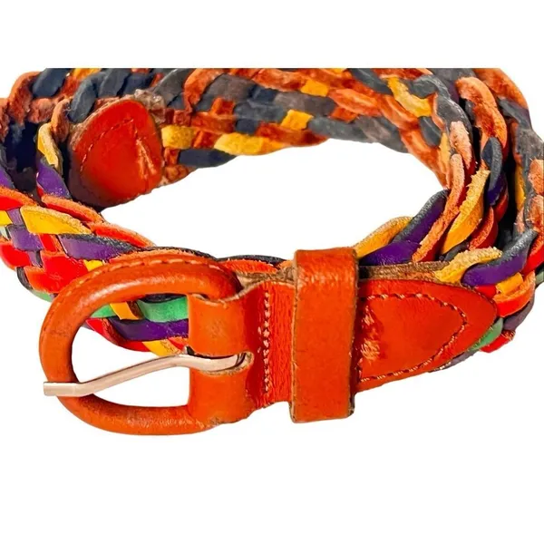 Vintage Rainbow Leather Woven Braided Belt Size S-M Eclectic Boho Festival Retro - Image 2
