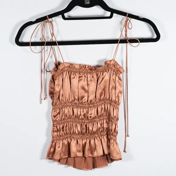 Reformation Viviana Ruched Cinched Silk Satin Tie Shoulder Tank Top Copper XS - Image 4