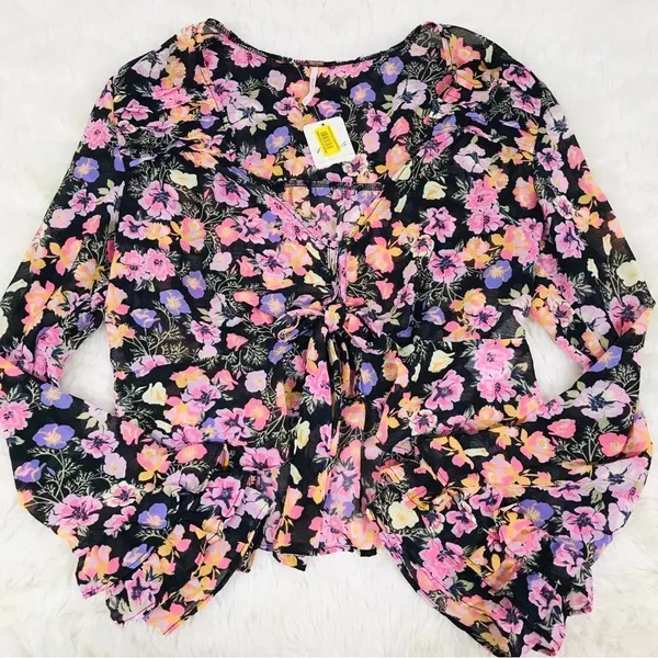 FREE‎ PEOPLE Maybel Sheer Floral Tie Front Peplum Top Crop Black Pink Small New - Image 4