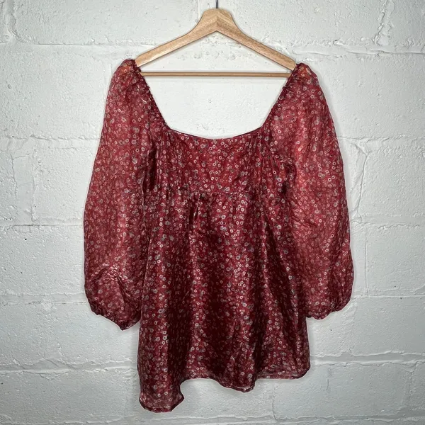 Altar'd State Women's Balloon Sheer Sleeves Floral Janey‎ Dress Burgundy Medium - Image 2