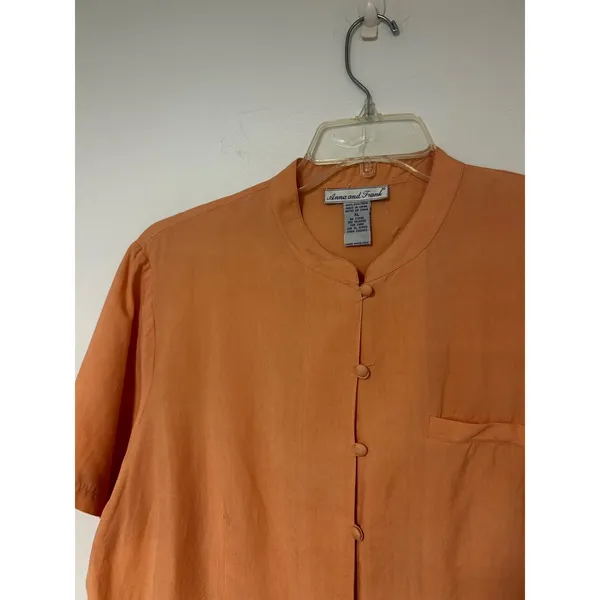 Anna and Frank Womens XL Peach 100% Silk Short Sleeve Mandarin Collar Blouse - Image 3