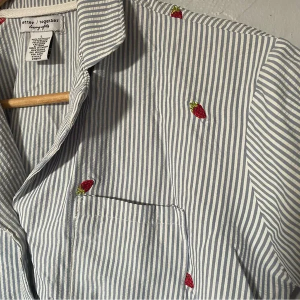 Blue and White Striped Button-Up Pajama Shirt with‎ Strawberries size Large - Image 2