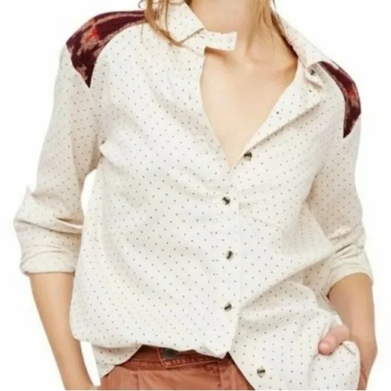 FREE PEOPLE Mixed Media Sage Buttondown Shirt Wool Western Polka Dot‎ Medium - Image 5