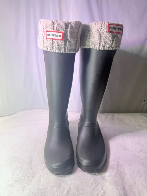 Hunter Black Tall Rain Boot with Cream Knit Cuff Insert - Image 2