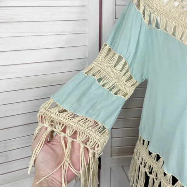 UMGEE Boho Peasant Crochet Fringe Hem Triangle Top‎ Teal Green Tan Large Hippie - Image 7