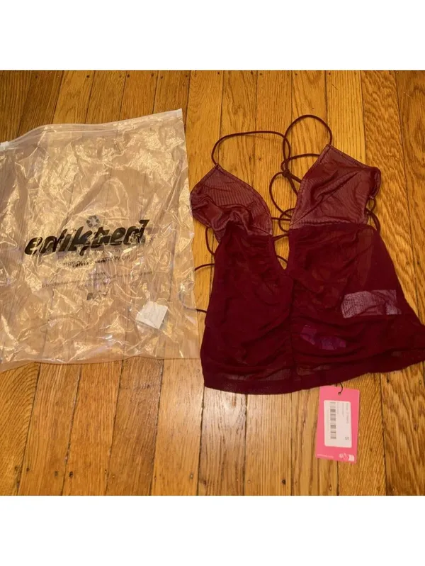 burgundy Edikted Strappy Ruched Mesh Top - Image 3