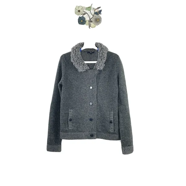 GAP 100% Wool Faux Shearling Collar Button Front Cardigan Gray Size Medium - Image 4