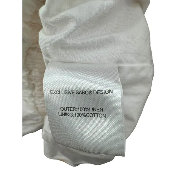 SABO LUXE Camari Linen Dress Smocked Patterned Ruffle Hem‎ White Beige Women's S - Image 12
