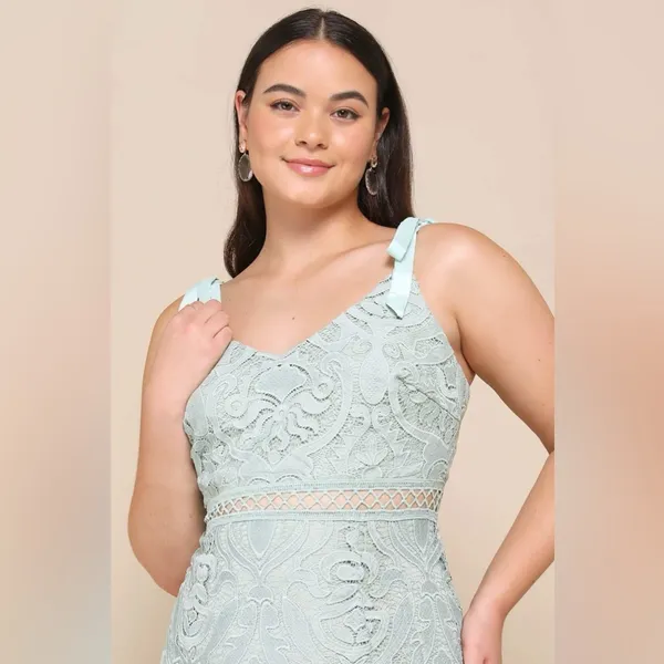 LULU’S Won Your Heart Sage Green Lace Tie-Strap High-Low Midi Dress - Image 5