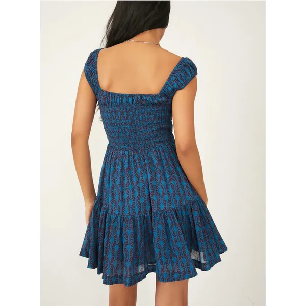 Free People Sweet Annie Mini Dress Blue Print Smocked Tiered Square Neck Womens - Image 2
