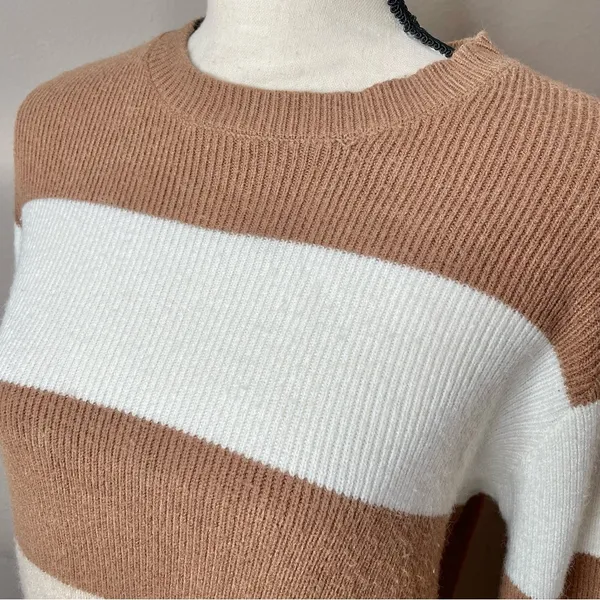 Le lis Brown White Tan Striped Colorblock Balloon Sleeve Crewneck Sweater Small - Image 4