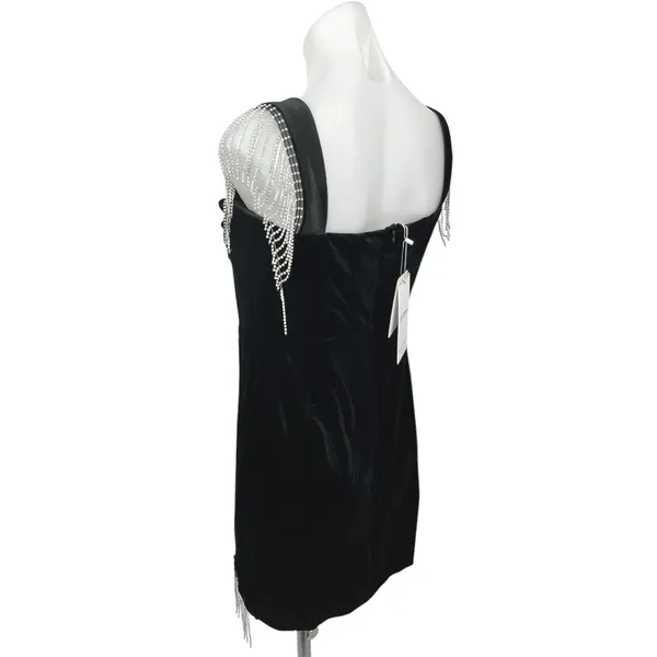 NEW JJ's House Black Velour Velvet Jeweled Fringe Holiday Mini Bodycon Dress L - Image 6