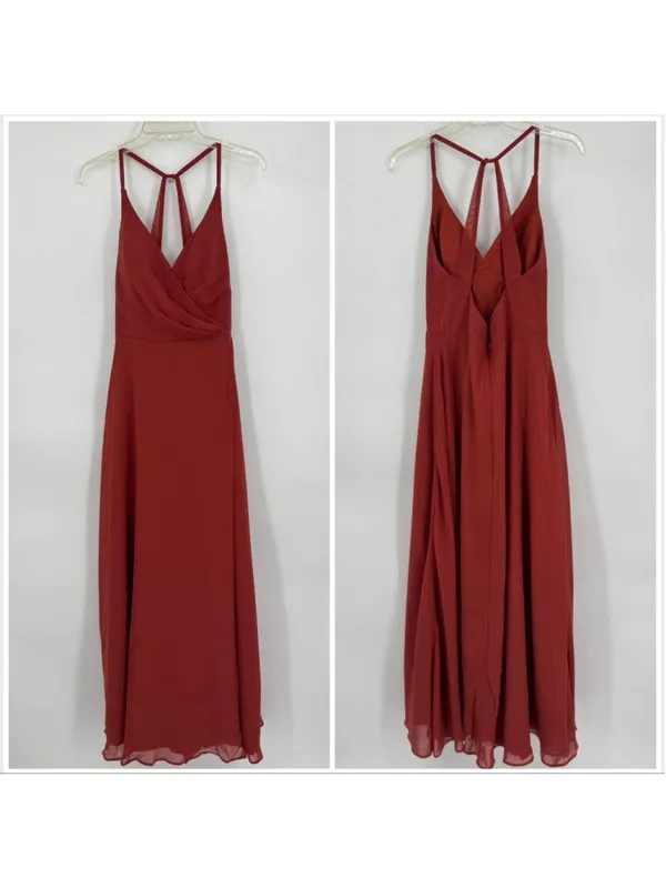 Women's Azazie Davis Rust A-Line V-Neck Chiffon Maxi Dress Size A6 - Image 3