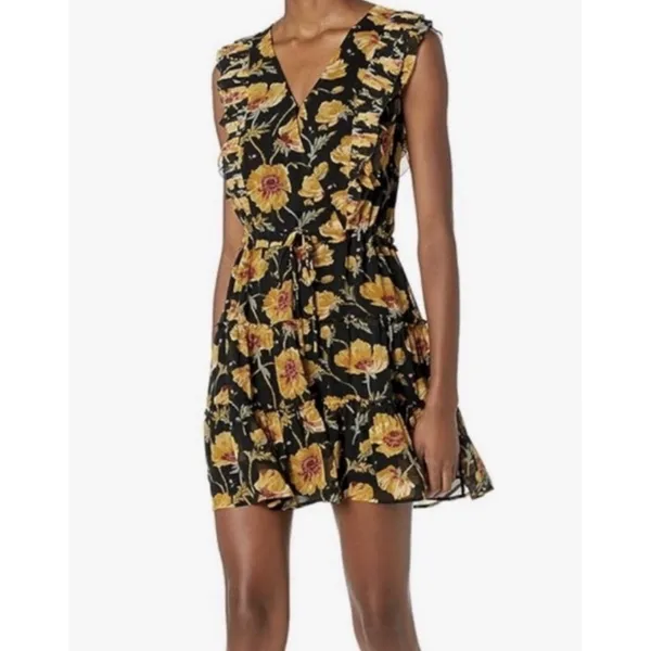 100% Silk Floral Ruffle Tiered Mini Dress PAIGE‎ Turmeric Poppy M Luxe Boho - Image 11