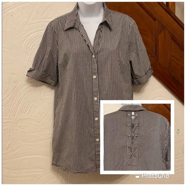 Anne Klein Button Down Shirt Womens Black Gingham Lace Up‎ Back Size M - Image 2