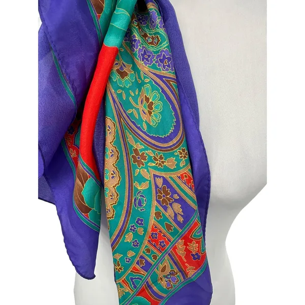 Vintage 80s 90s Womens Scarf Korea Red Purple Floral Paisley Silky Satin Jewel - Image 4
